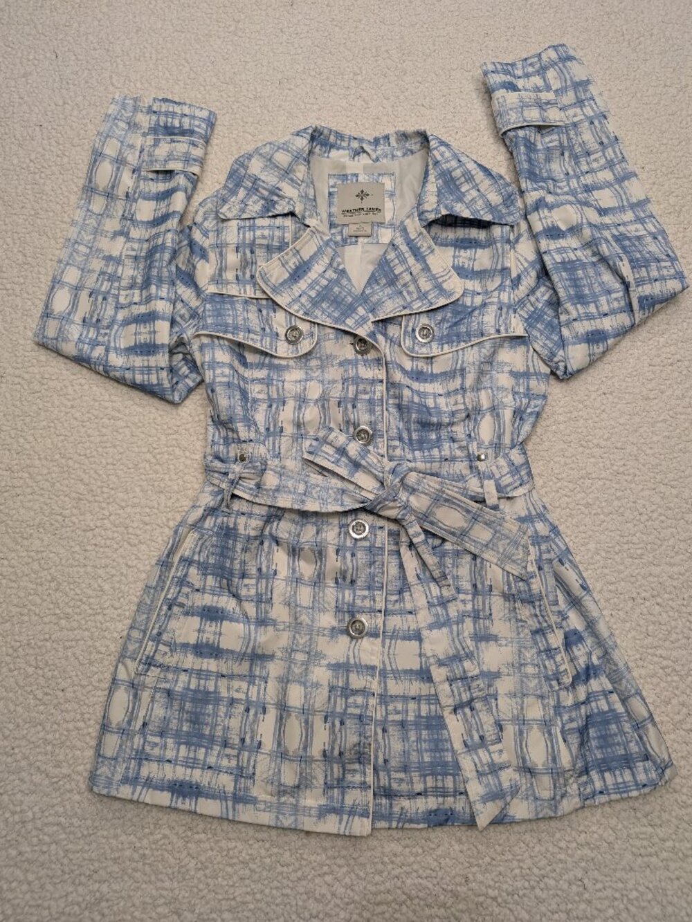 Weather Tamer Blue White Plaid Belted Trench Coat Small